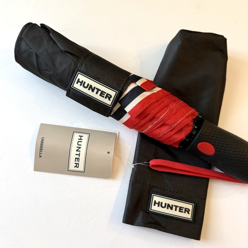 HUNTER UMBRELLA BLACK RED STRIPES WITH COVER 100% POLYESTER  NWT
